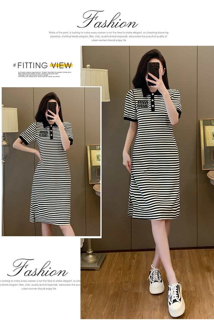 【dress】POLOネックストライプ柄デートワンピースG22488