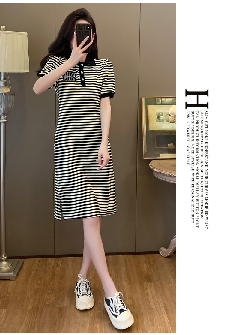 【dress】POLOネックストライプ柄デートワンピースG22488