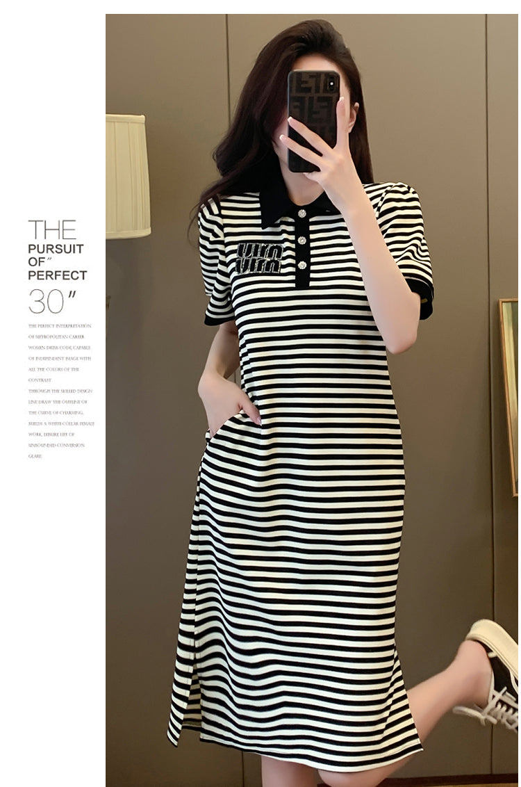 【dress】POLOネックストライプ柄デートワンピースG22488