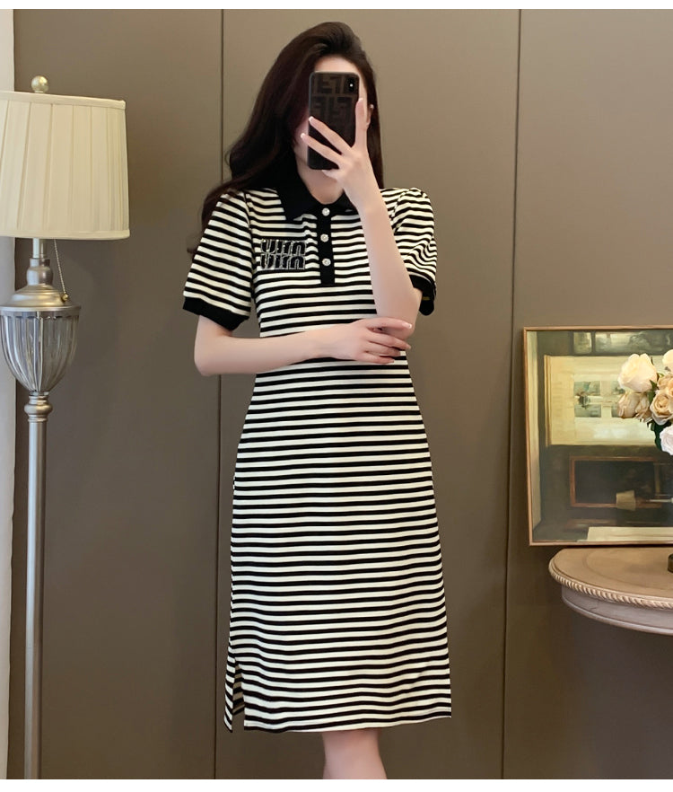 【dress】POLOネックストライプ柄デートワンピースG22488