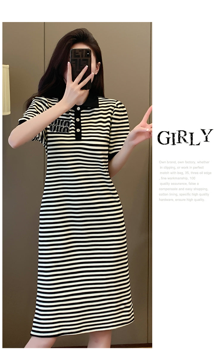 【dress】POLOネックストライプ柄デートワンピースG22488