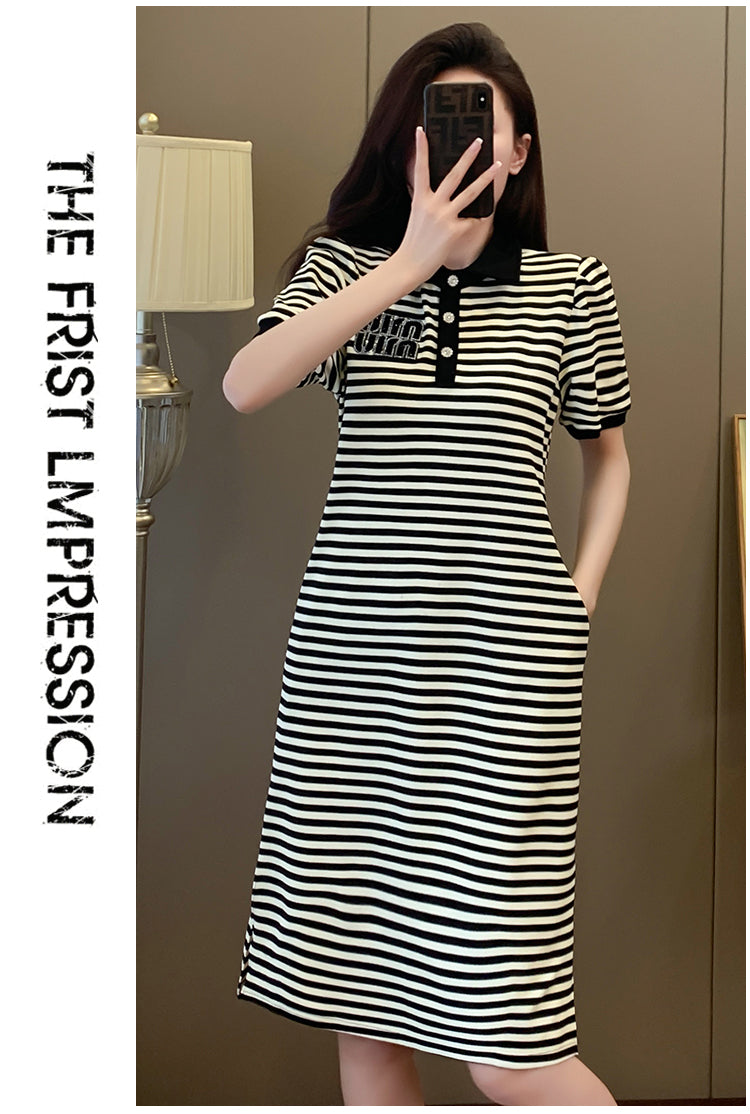 【dress】POLOネックストライプ柄デートワンピースG22488