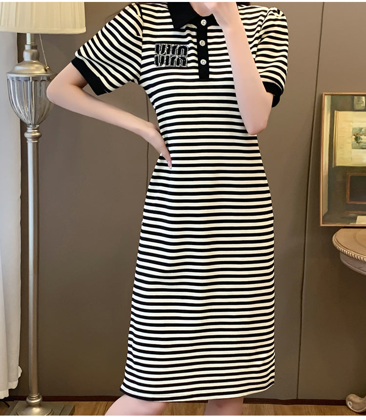 【dress】POLOネックストライプ柄デートワンピースG22488