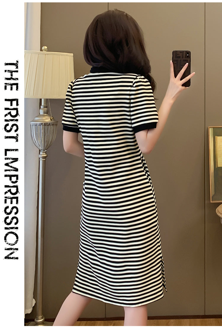 【dress】POLOネックストライプ柄デートワンピースG22488