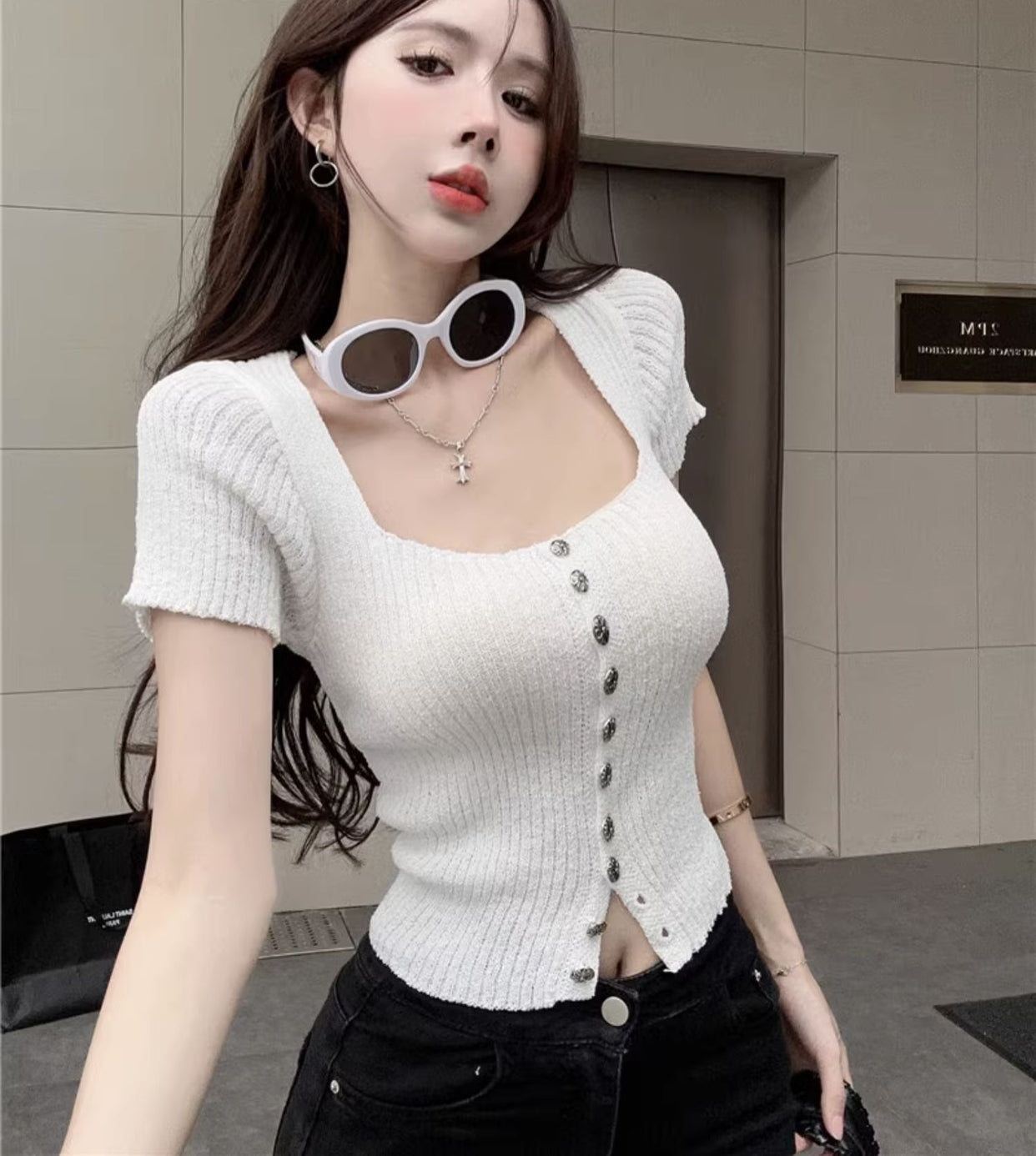 【tops】スクエアネックニットTシャツG22493