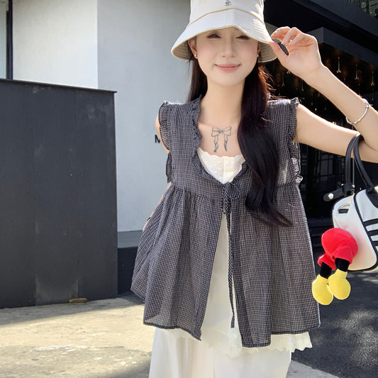 【tops】偽二つ切り替えノースリーブブラウンG22500