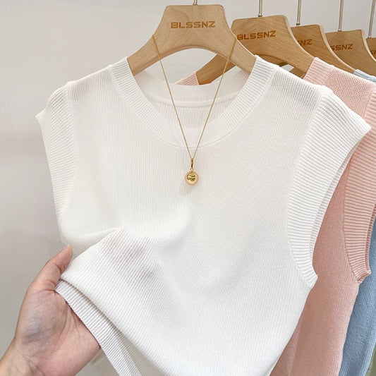 【tops】5色ラウンドネックノースリーブニットトップスG22505