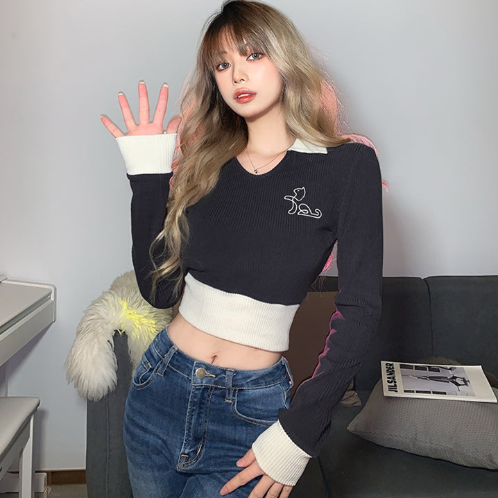 【tops】折り襟ニット長袖トップスG22698