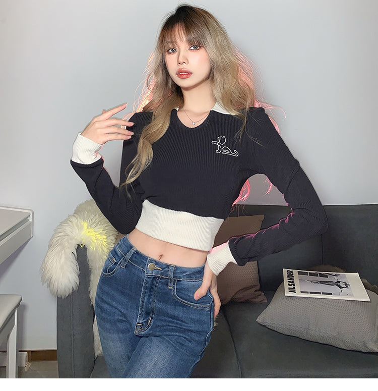 【tops】折り襟ニット長袖トップスG22698