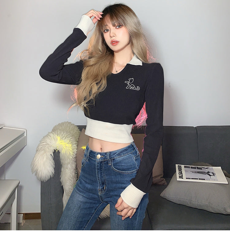 【tops】折り襟ニット長袖トップスG22698