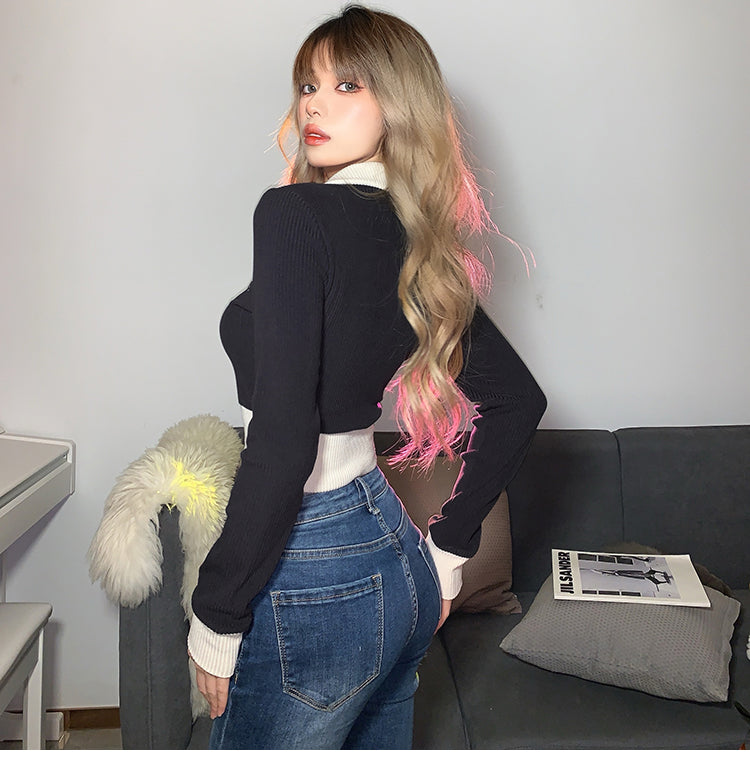 【tops】折り襟ニット長袖トップスG22698