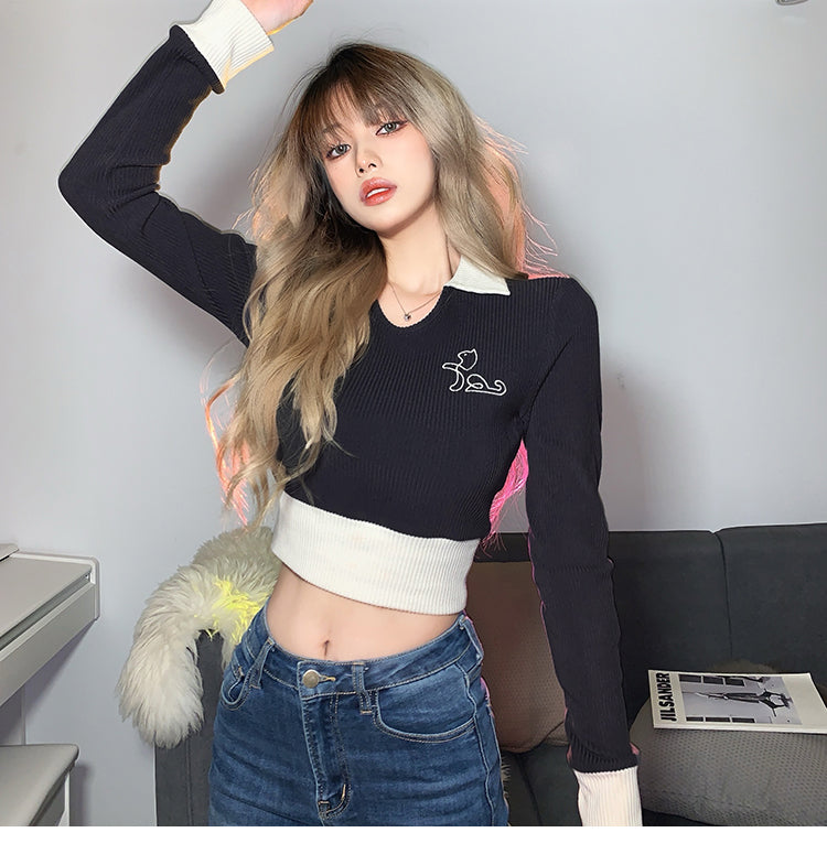 【tops】折り襟ニット長袖トップスG22698