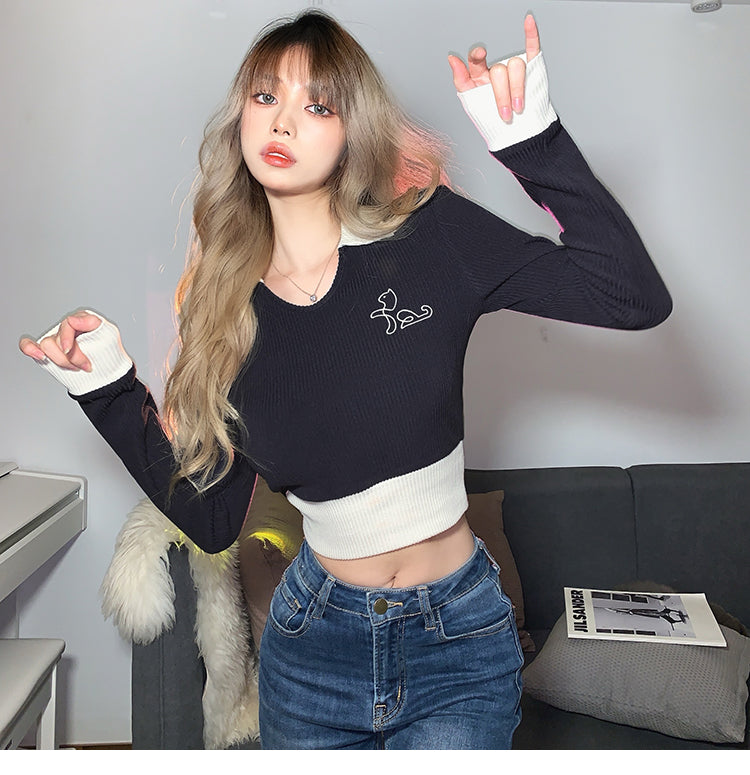 【tops】折り襟ニット長袖トップスG22698