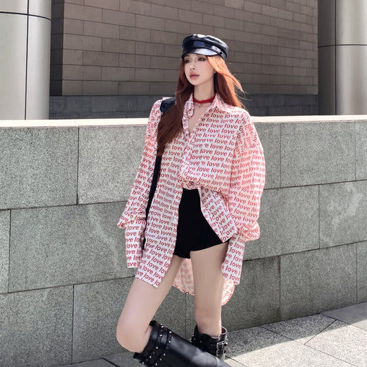 【tops】折り襟長袖プリントシャツG22732