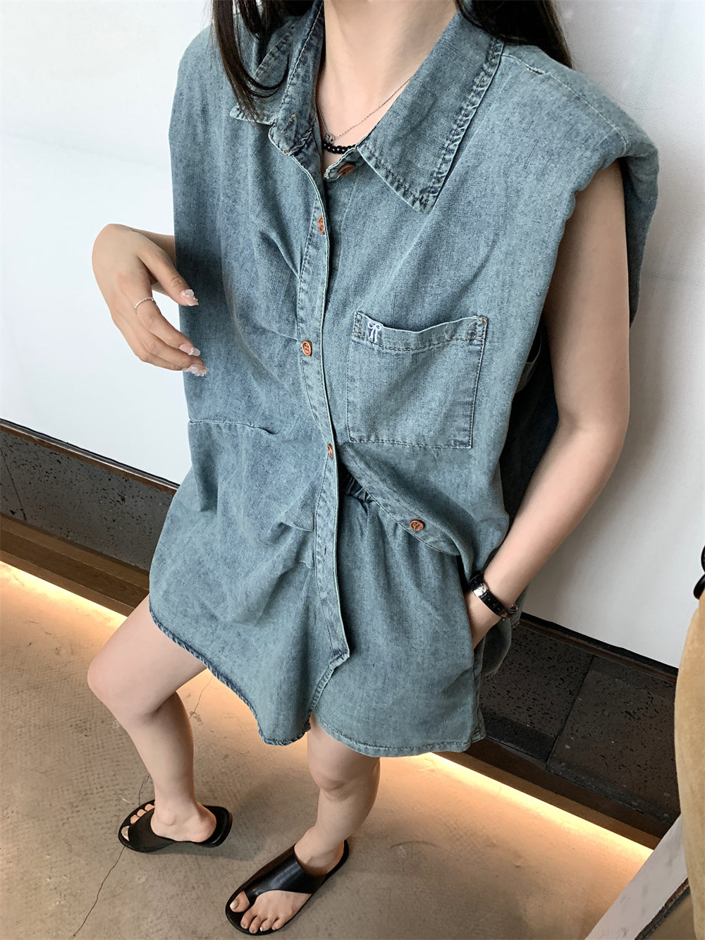 【set】デニムシャツ+ショートパンツ２点セットG22793