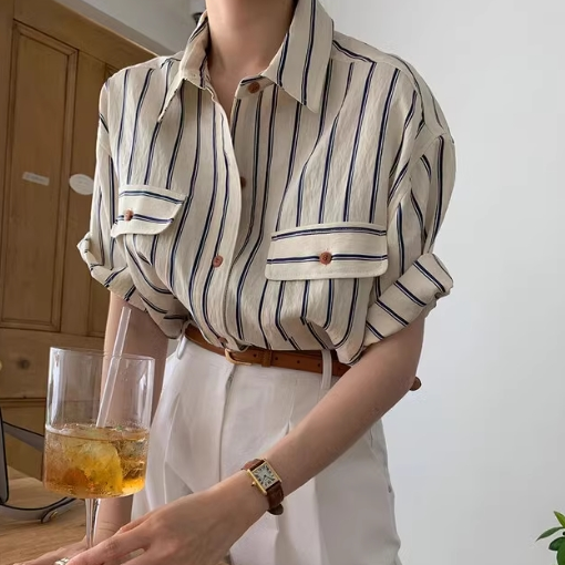 【tops】折り襟ストライプ柄ブラウスG22834