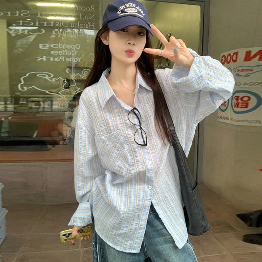 【tops】長袖ストライプ柄ブラウスG22843