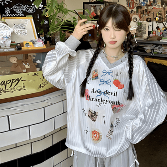 【tops】Vネック長袖ストライプ柄TシャツG22877
