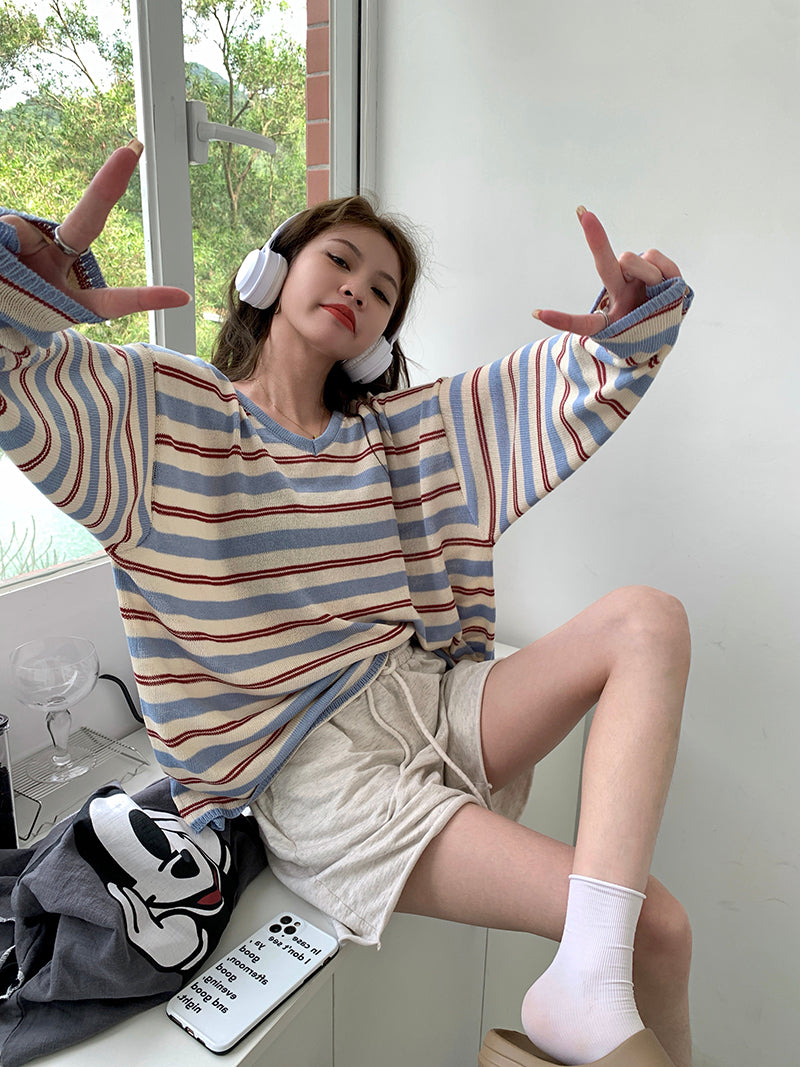 【tops】ストライプ柄長袖ニットトップスG22909