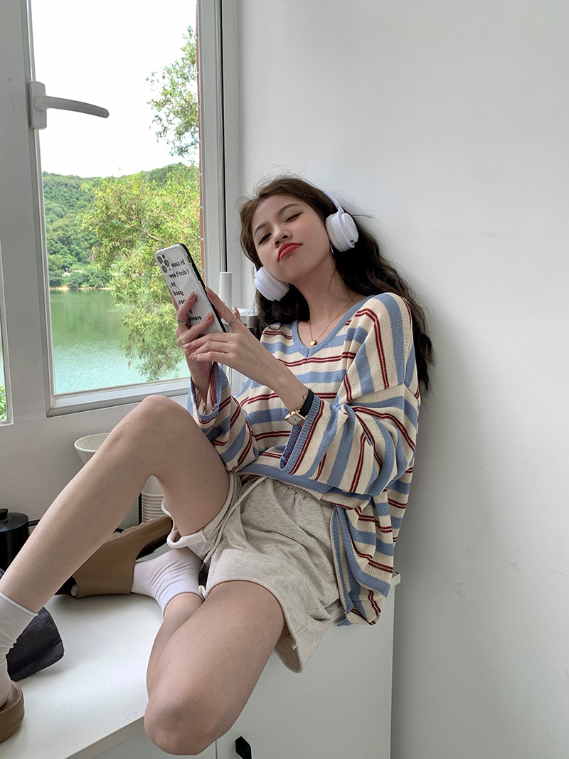 【tops】ストライプ柄長袖ニットトップスG22909