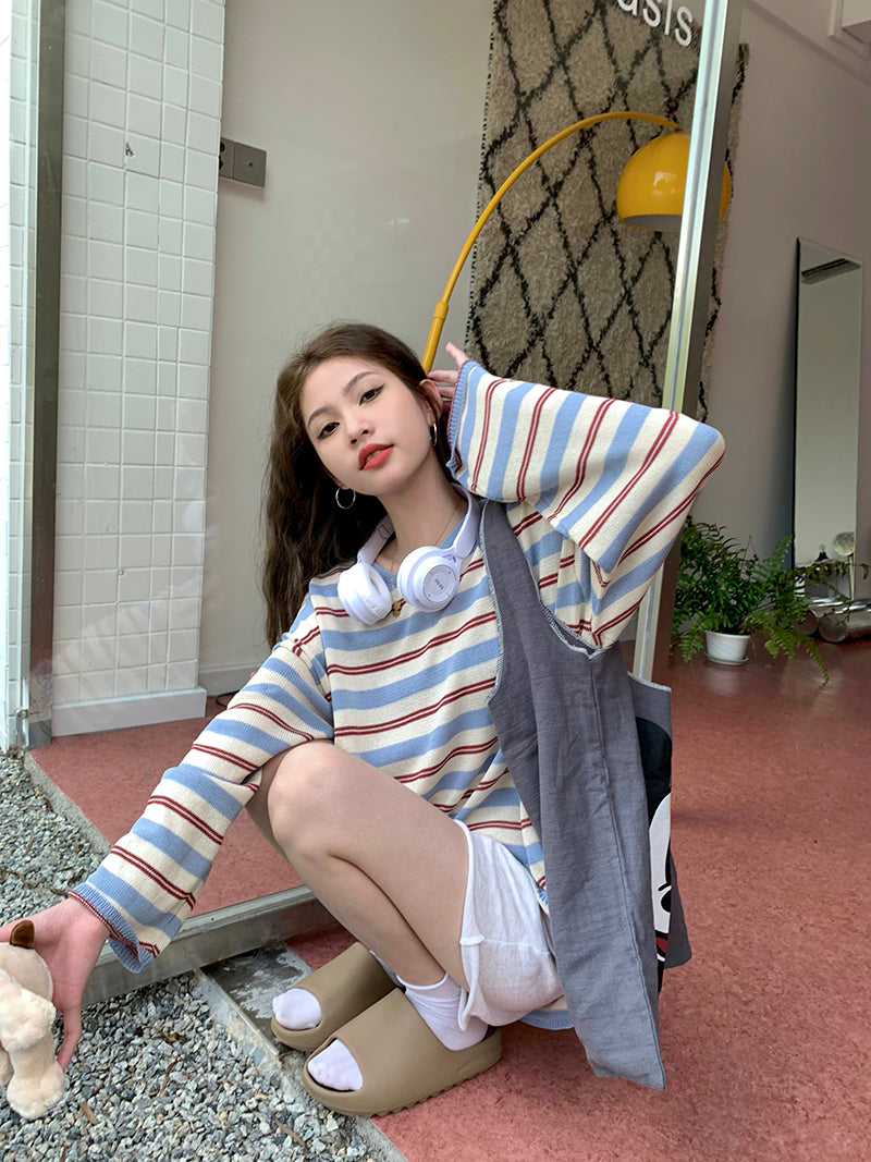 【tops】ストライプ柄長袖ニットトップスG22909