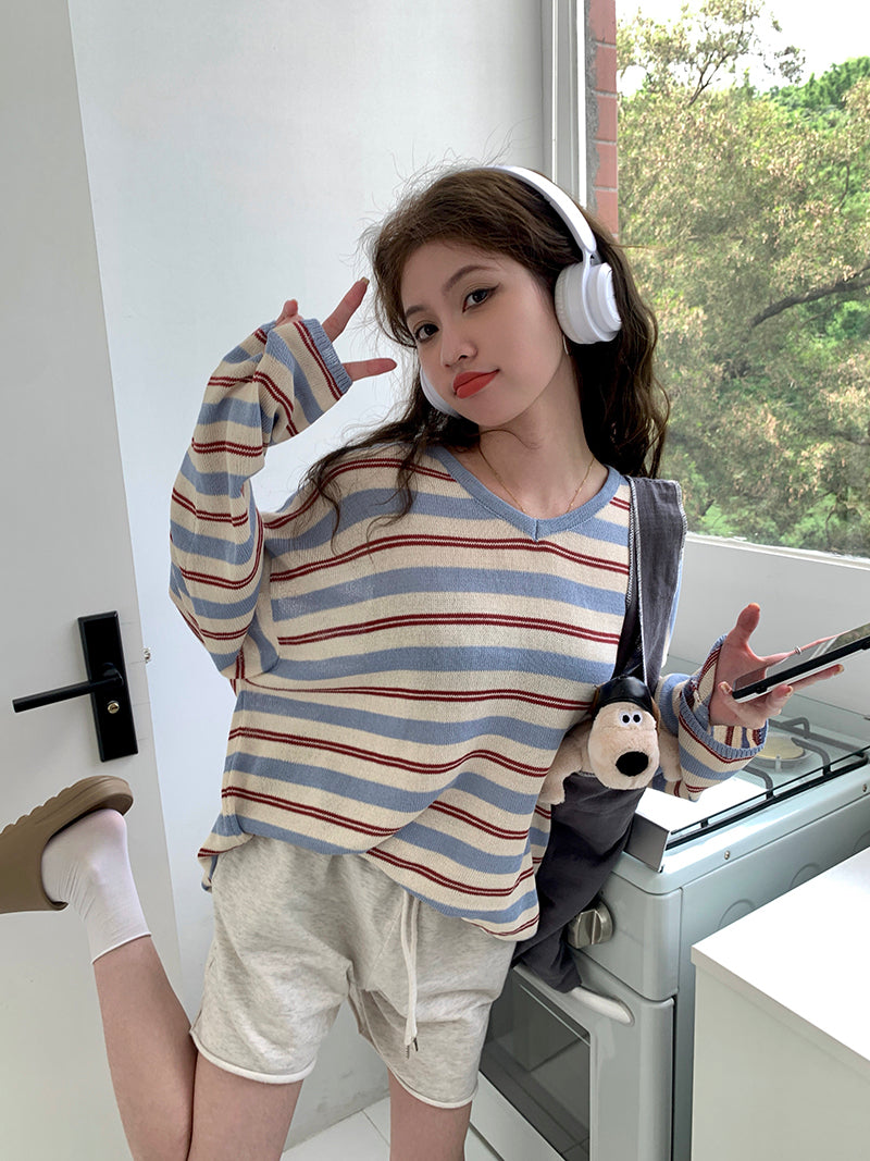 【tops】ストライプ柄長袖ニットトップスG22909