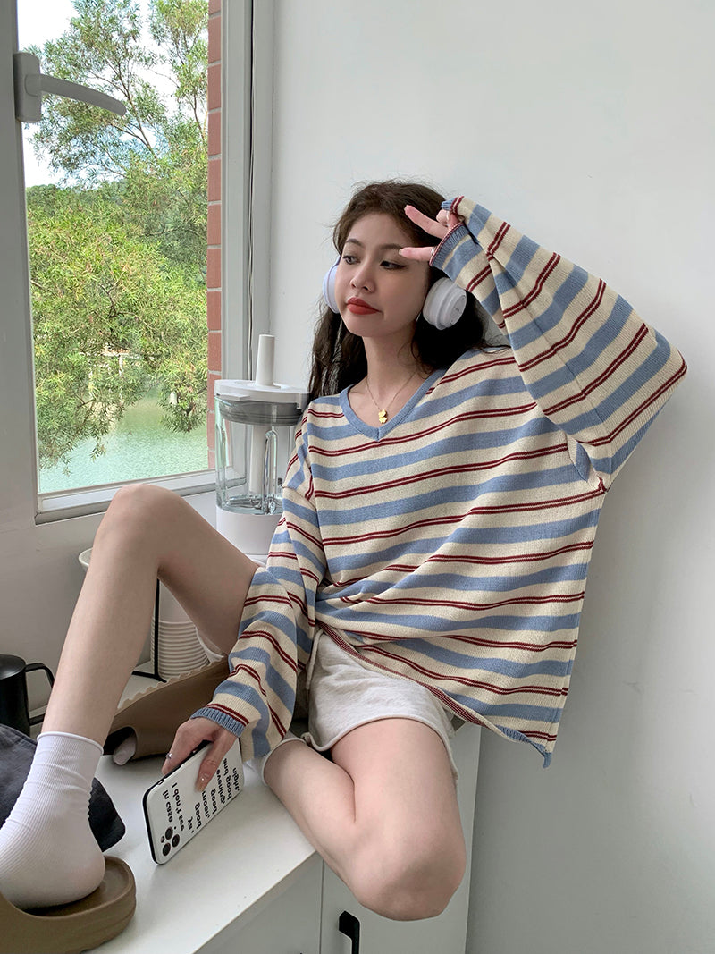 【tops】ストライプ柄長袖ニットトップスG22909