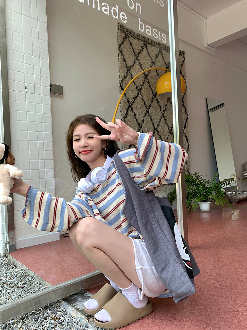 【tops】ストライプ柄長袖ニットトップスG22909