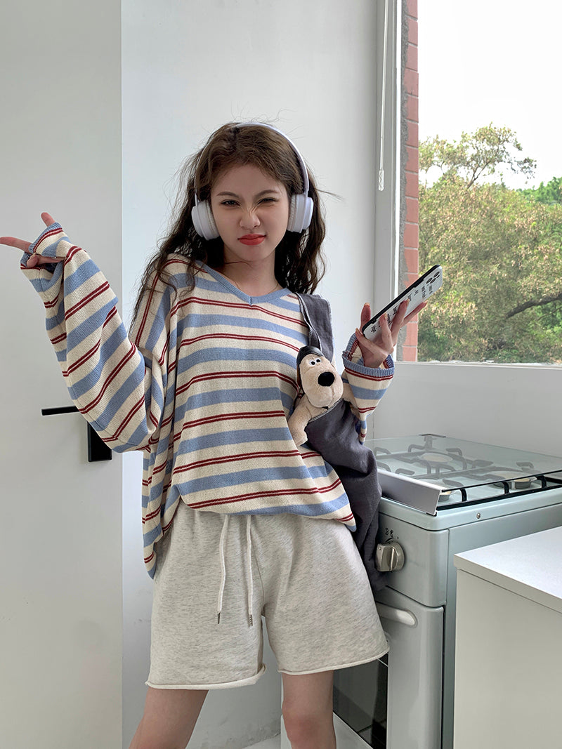 【tops】ストライプ柄長袖ニットトップスG22909