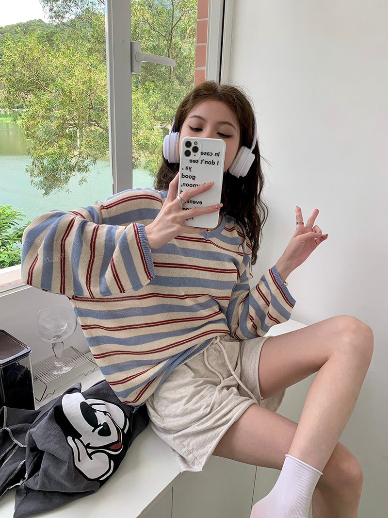 【tops】ストライプ柄長袖ニットトップスG22909