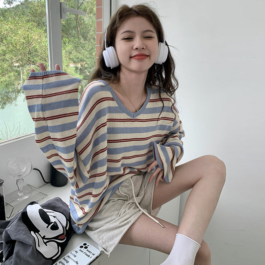 【tops】ストライプ柄長袖ニットトップスG22909