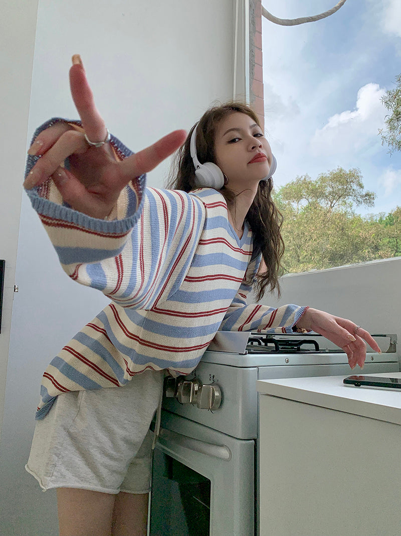 【tops】ストライプ柄長袖ニットトップスG22909