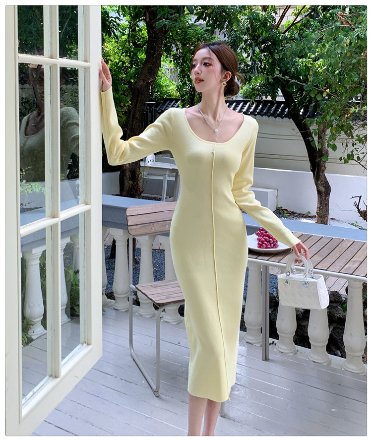 【dress】Uネックニット長袖ワンピースG22943