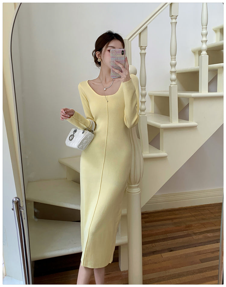 【dress】Uネックニット長袖ワンピースG22943