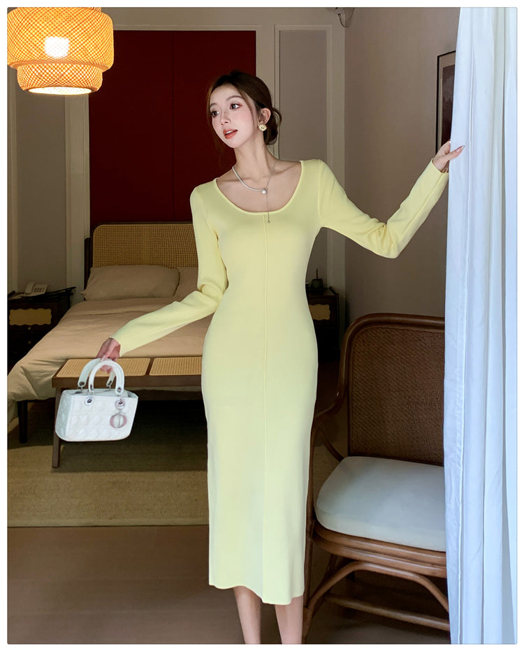 【dress】Uネックニット長袖ワンピースG22943