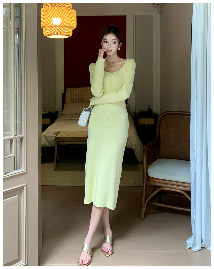 【dress】Uネックニット長袖ワンピースG22943