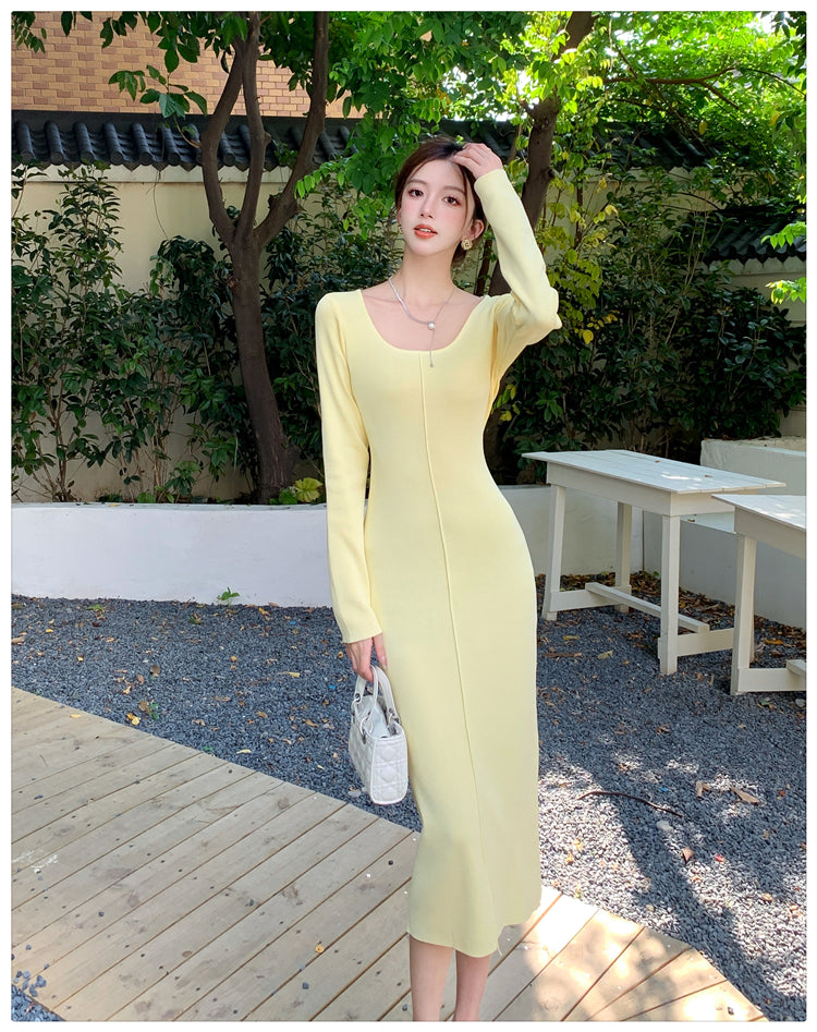 【dress】Uネックニット長袖ワンピースG22943