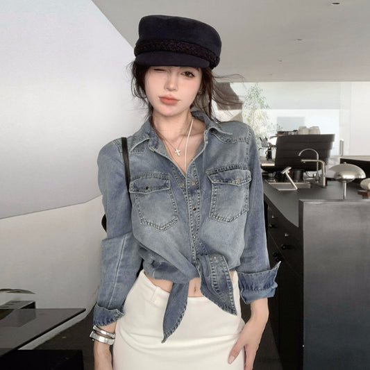 【tops】デニム折り襟長袖ブラウスG22950