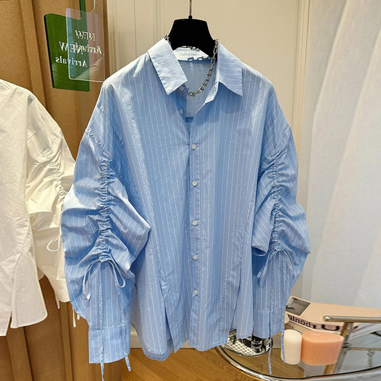 【tops】ギャザー長袖ストライプ柄シャツG22989