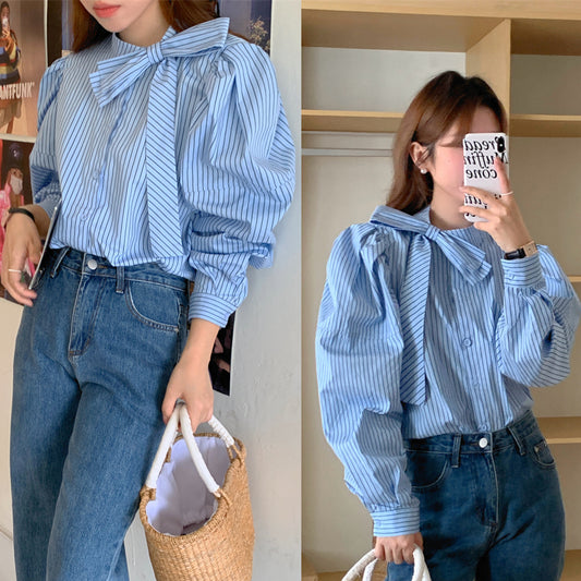 【tops】リボン長袖ストライプ柄シャツG22991