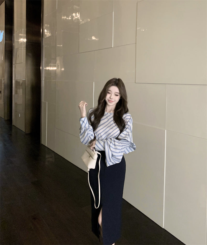 【tops】ストライプ柄長袖シャツG23001