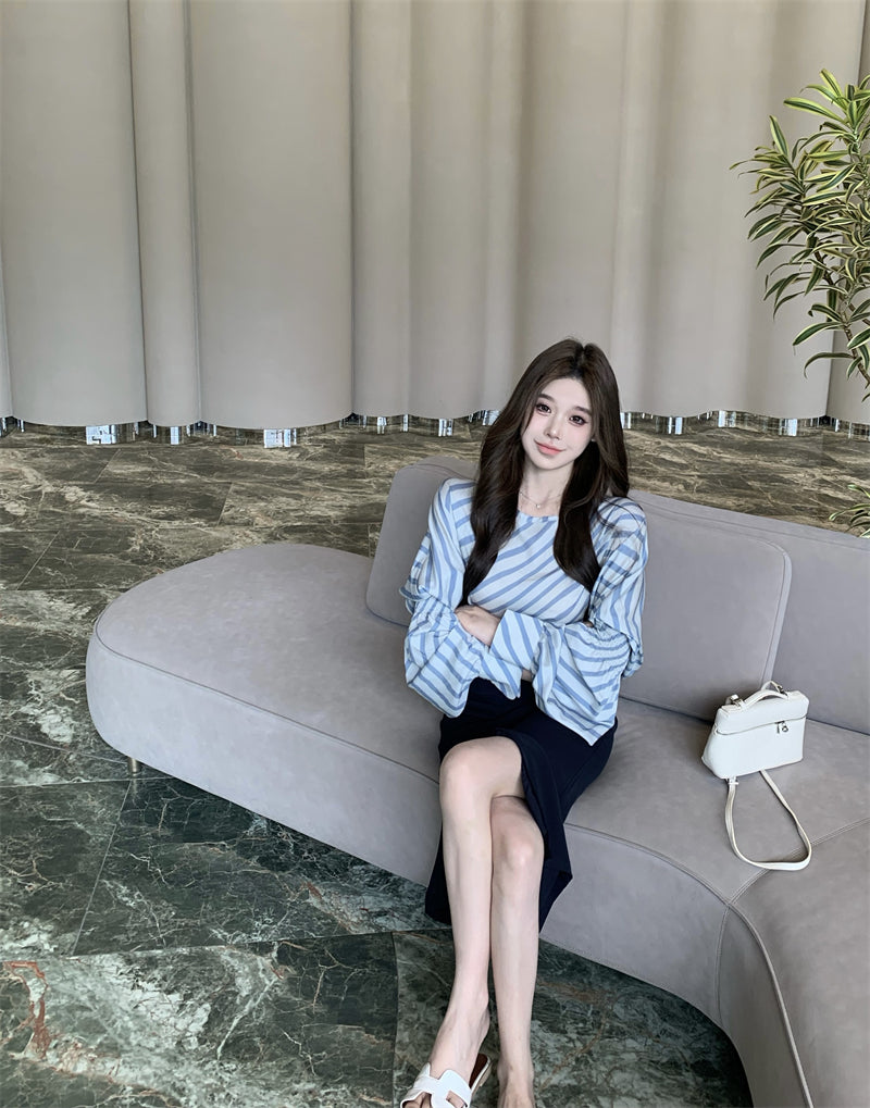 【tops】ストライプ柄長袖シャツG23001