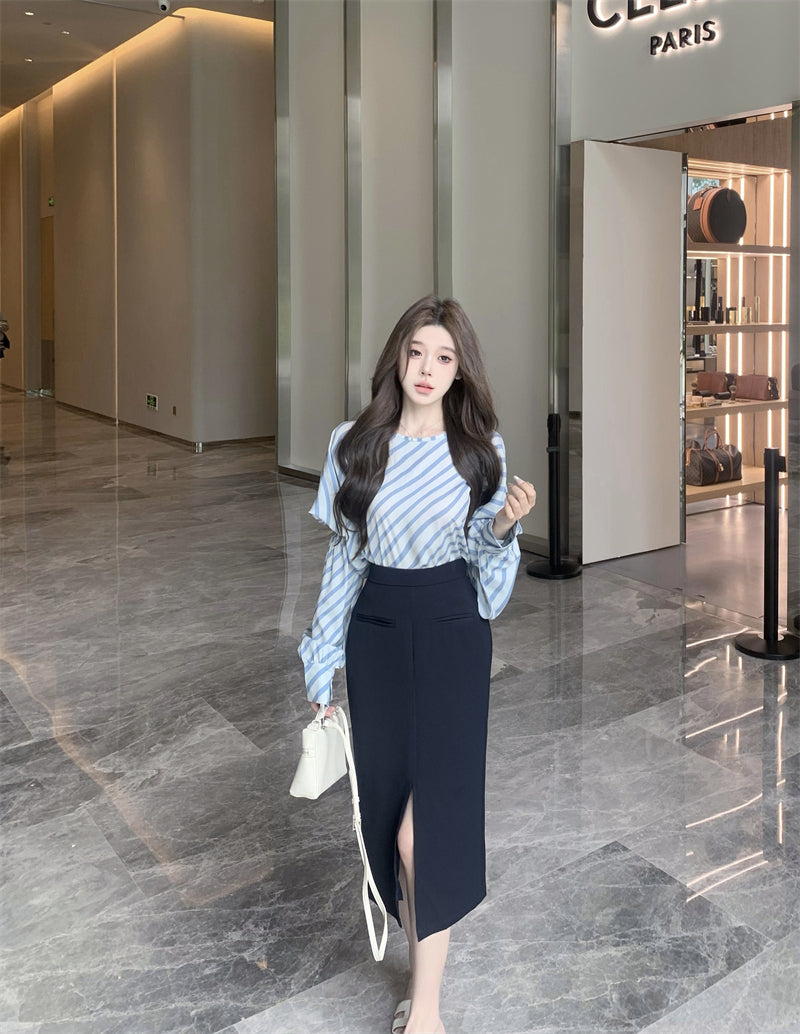 【tops】ストライプ柄長袖シャツG23001