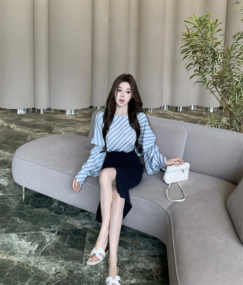 【tops】ストライプ柄長袖シャツG23001