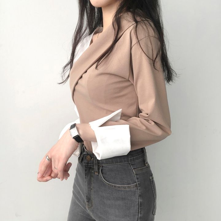 【tops】偽二つ切り替え長袖シャツG23040