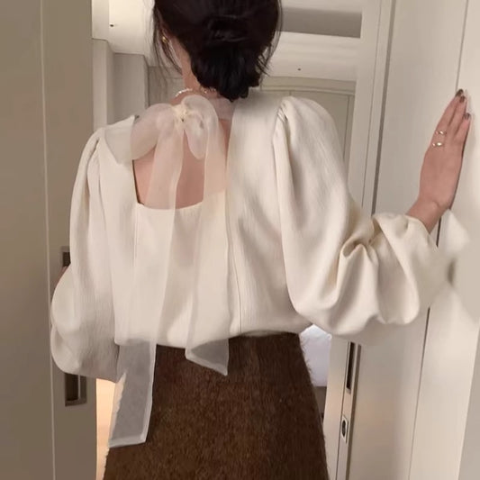 【tops】リボンパフスリーブシャツG23051