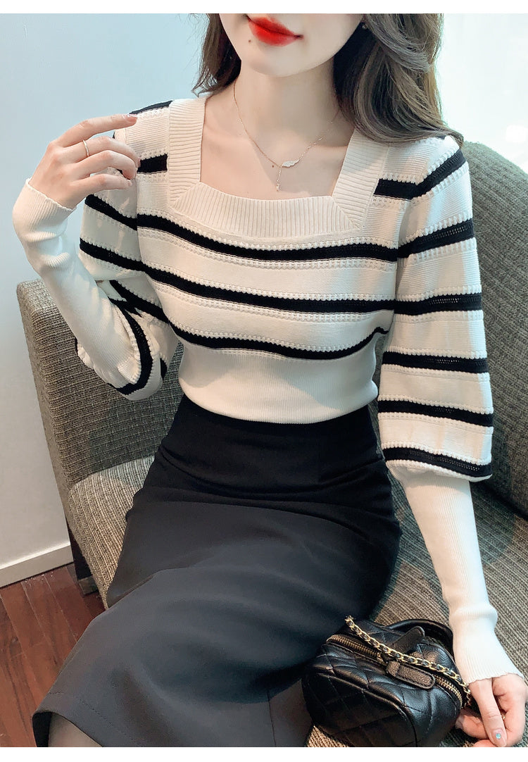 【tops】ストライプ柄長袖ニットトップスG23071