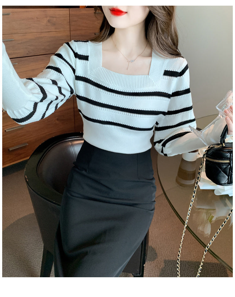 【tops】ストライプ柄長袖ニットトップスG23071