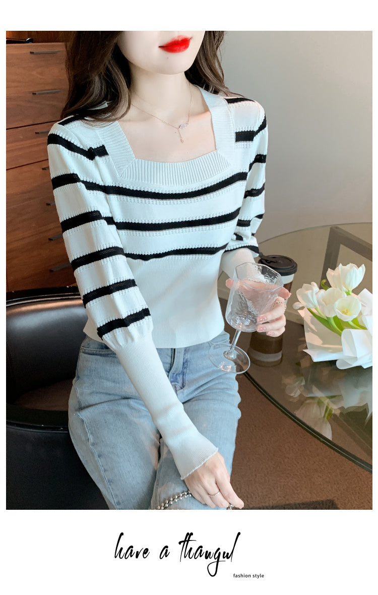 【tops】ストライプ柄長袖ニットトップスG23071