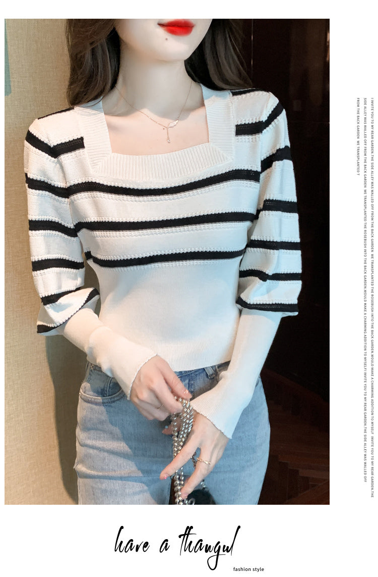 【tops】ストライプ柄長袖ニットトップスG23071